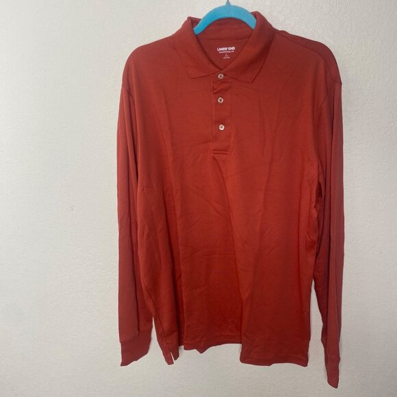 Lot of 2 Lands End Long Sleeve Polo Shirt Mens L Red Orange Cotton Blend - Picture 1 of 7